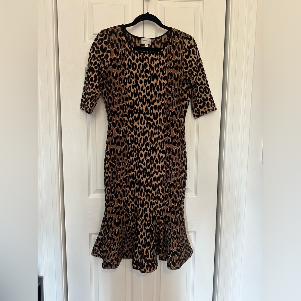 Milly leopard print knit dress, large. Never worn!